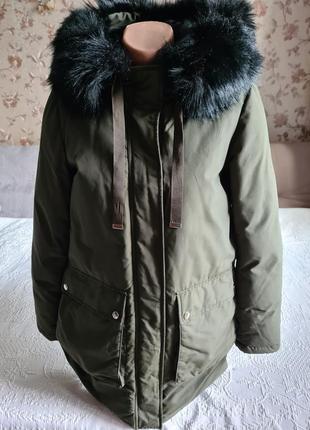 Женская теплая куртка парка с капюшоном zara хаки