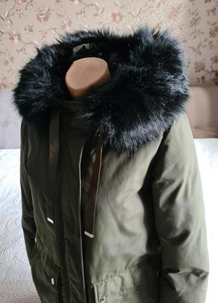 Женская теплая куртка парка с капюшоном zara хаки5 фото