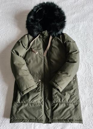 Женская теплая куртка парка с капюшоном zara хаки