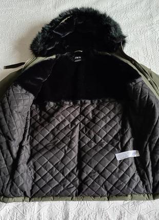 Женская теплая куртка парка с капюшоном zara хаки7 фото