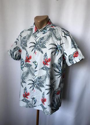 Голубая гавайка хлопок с цветами рубашка гавайская