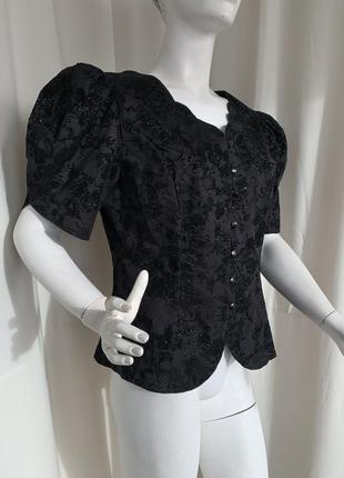 Винтаж 80х ретро готичный блуза жакет с пышными рукавами и бархатным напылением с блеском4 фото