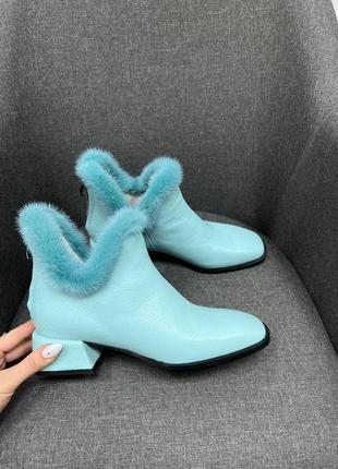 Колірна вибір! шкіряні голубі черевики з опушкою з норки