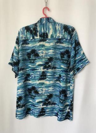 Гавайка голубая с пальмами винтаж гавайская рубашка вискоза5 фото