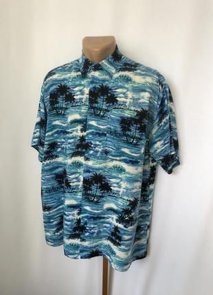 Гавайка голубая с пальмами винтаж гавайская рубашка вискоза