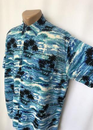 Гавайка голубая с пальмами винтаж гавайская рубашка вискоза3 фото