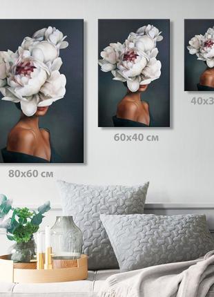 Интерьерная модульная картина 3 шт девушка и пионы цветы на голове девушки абстракция2 фото