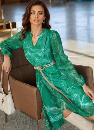 Романтичне шифонове плаття у великий принт з вирізом зелене6 фото