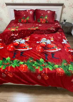 Качественные тёплое велюровое новогоднее постельное бельё,  велюровый комплект теплого постельного белья, подарок2 фото
