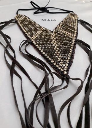 Нарядное колье кожаный воротник ожерелье со стразами и бахромой, бохо шик, подарок3 фото
