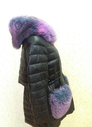 Зимова шкіряна куртка на пуху, c шикарним хутром3 фото