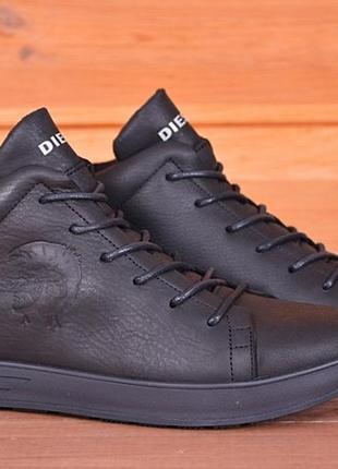 Зимние кожаные кроссовки/ботинки на меху diesel pirate black!!!