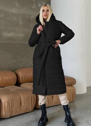 Жіноча чорна довга тепла куртка з капюшоном2 фото