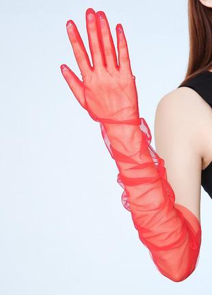 Довгі червоні фатинові рукавички прозорі, рукавички для фотосесії, рукавички з фатину2 фото
