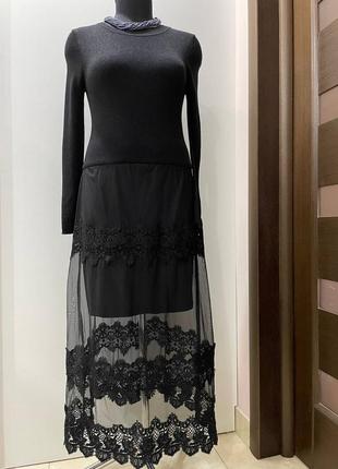 Оригінальна святкова сукня з мереживною прозорою спідницею та довгими рукавами7 фото