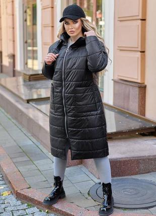Женская теплая удлиненная зимняя куртка батал графит большие размеры 50-52 54-56 58-60 62-647 фото