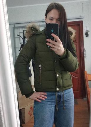 Теплая курточка topshop petite с капюшоном 34 зеленая1 фото
