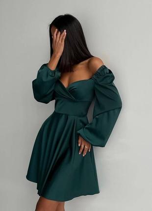 Плаття чорне зелене коктельне на вихід стильне модне довгий рукав вечірнє тканина софт акцентний виріз