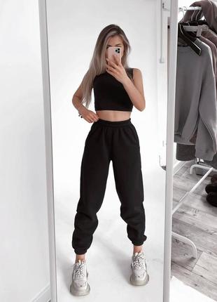 Женские стильные тёплые джоггеры на флисе и манжетах сірий, чорний, попелястий, беж, молочний