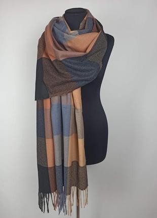 Теплий шерстяний кашеміровий шарф палантин у коричневий чорний новий клітинку
