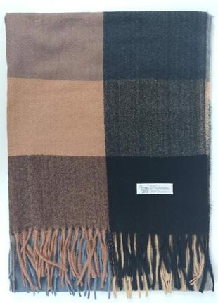 Теплый шерстяной кашемировый шарф палантин в коричневый черный новый клеточку3 фото
