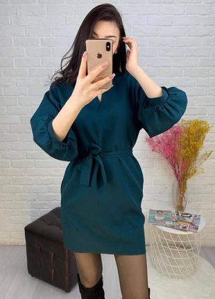 Женское платье короткое с поясом зеленое коричневое бордовое синее4 фото