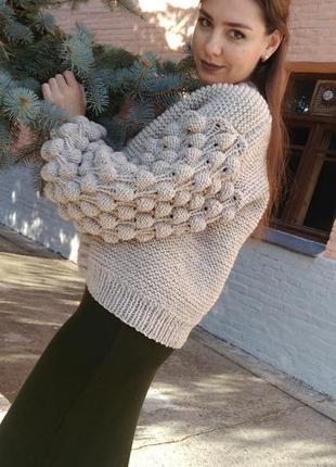 Женский вязаный объёмный кардиган кофта свитер малинки,шишечки из толстой пряжи3 фото