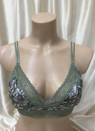 Бюстгальтер зелений в квіти з кружевом по краях без кісточок