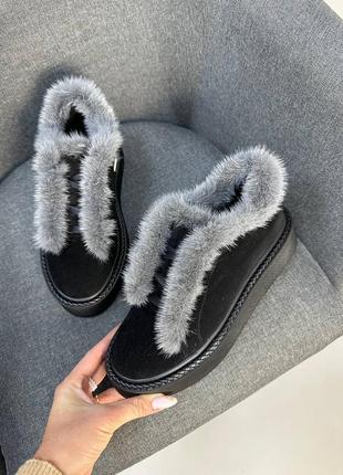 Теплый кеды с опушкой с норки черные замшевые , пошив цвет по выбору