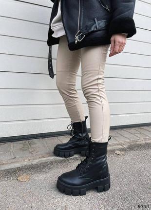 Зимние кожаные массивные ботинки с мехом натуральная кожа на высокой тракторной подошве черные теплые берцы зима панк гранж в стиле прада3 фото