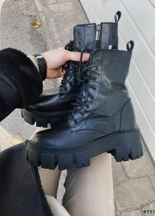 Зимние кожаные массивные ботинки с мехом натуральная кожа на высокой тракторной подошве черные теплые берцы зима панк гранж в стиле прада7 фото