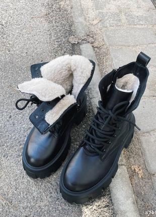 Зимние кожаные массивные ботинки с мехом натуральная кожа на высокой тракторной подошве черные теплые берцы зима панк гранж в стиле прада8 фото