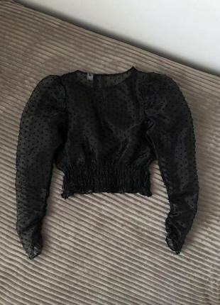 Блуза чорна з органзи в принт горох горошок топ сітка9 фото