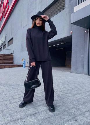 Костюм ангора теплий комплект: вільні широкі штани брюки палаццо + светр кофта турецький рубчик світлий беж чорний9 фото