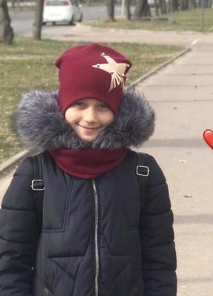 Шапка хомут осінь дитяча бордовий колір зірка 48 об’єм голови на дівчинку