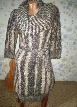 Вязаное тёплое платье с большим воротником-хомутом и поясом от superstar1 фото