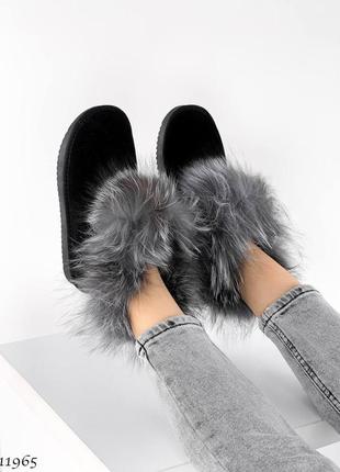 Женские укороченые уги замшевые с мехом черные стильные 36 37 38 39 40