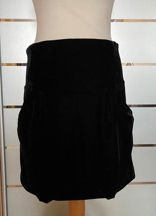 Черная бархатная мини  юбка с карманами1 фото