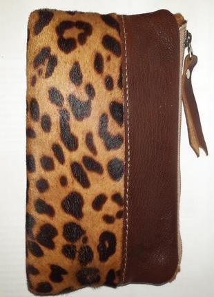 Косметичка натуральная кожа и мех пони леопард клатч кошелёк