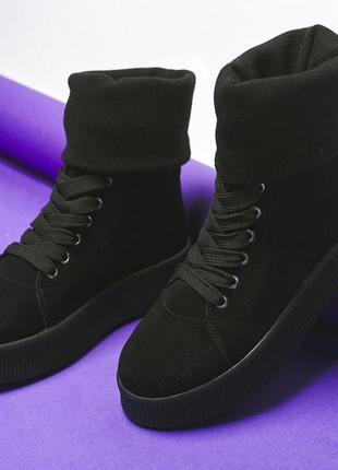 Демісезонні жіночі черевики замшеві чорні кеди хайтопи з дов'язом sock-21 фото