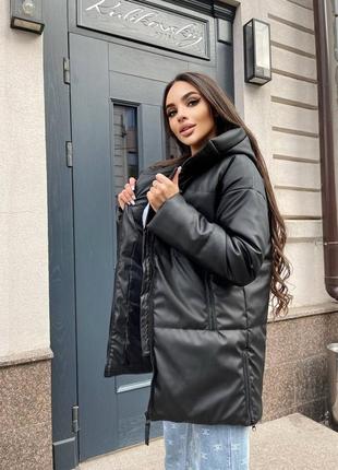 Зима!! есть видео!! куртка пуховик пальто кожа на молнии с капюшоном длинная теплая матова...