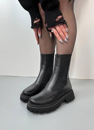 Популярные зимние кожаные сапоги челси с мехом натуральная кожа зима ботинки тренд хит сезона