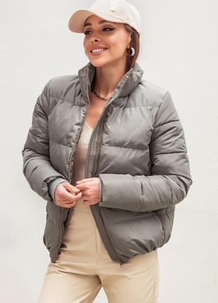 Коротка жіноча демісезонна куртка з коміром-стійкою утеплена силіконом сіра металік