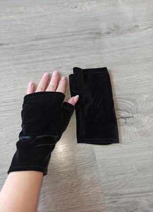 Чорні бархатні мітенки, рукавички, рукавиці, перчатки бе пальців