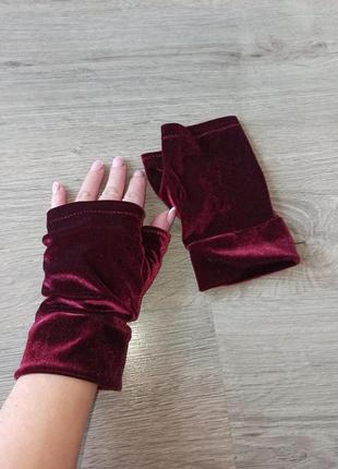 Бордовые бархатные митенки, рукавицы, перчатки без пальцев2 фото