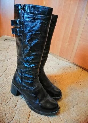 Зимові шкіряні лаковані чоботи чоботи на хутрі цегейка квадратний каблук 39размер