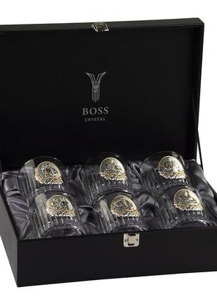 Сет кришталевих стаканів boss crystal «козаки gold «, 6 келихів з платиною, накладки срібло і золото