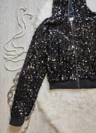 Черный бомбер кроп короткая куртка блестящая пайетками с капюшоном манжетами на молнии h&m6 фото