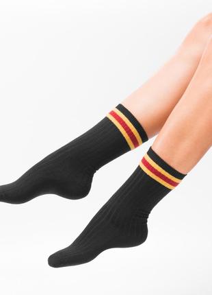 Жіночі довгі шкарпетки в рубчик чорні зі смужками високі носки унісекс 35 36 37 38 39 40 розмір3 фото
