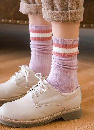 Жіночі довгі шкарпетки в рубчик бузкові зі смужками високі носки унісекс 35 36 37 38 39 40 розмір1 фото